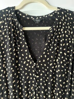 Rails Black and Cream Dot V-Neck Dress L Front Buttons